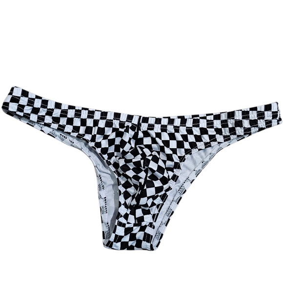 Men’s Black White Checkerboard Swim Briefs Size Large Stretch Bikini Resort Y2K - Picture 2 of 4
